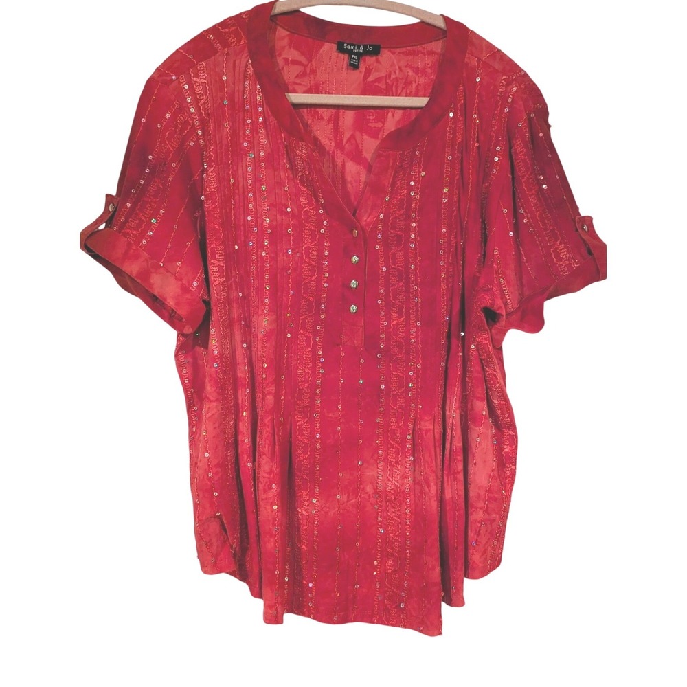 Sami & Jo Blouse‎ PXL Red Sequin Embroidered V-Neck Short Sleeve Festive Sparkle